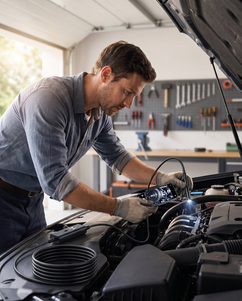 Inspecting a car engine bay with the endoscope camera