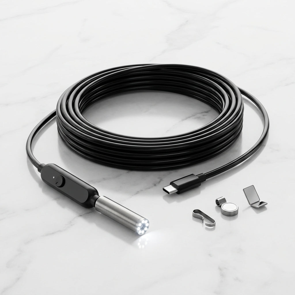 PeekVue HD endoscope camera with coiled cable, USB-C connector, LED tip and attachments