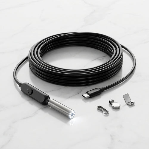PeekVue HD endoscope camera with coiled cable, USB-C connector, LED tip and attachments